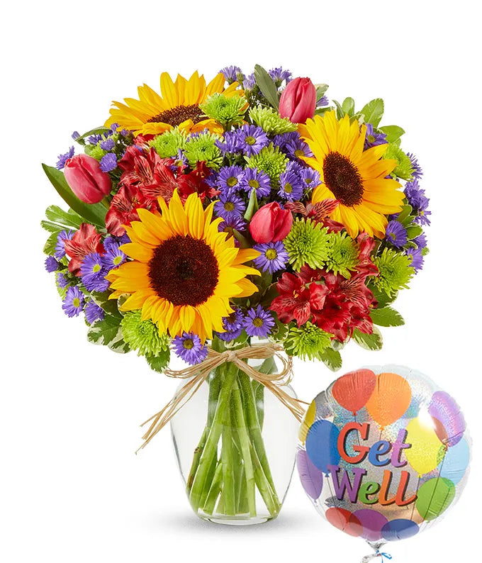 Utopian Sunflower Garden with Get Well Balloon