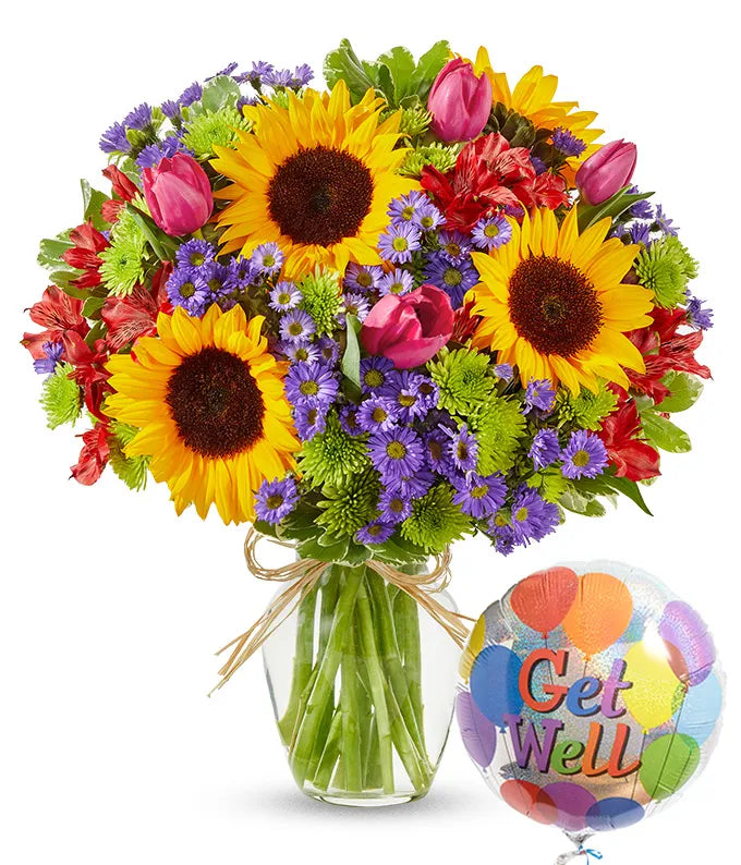 Utopian Sunflower Garden with Get Well Balloon